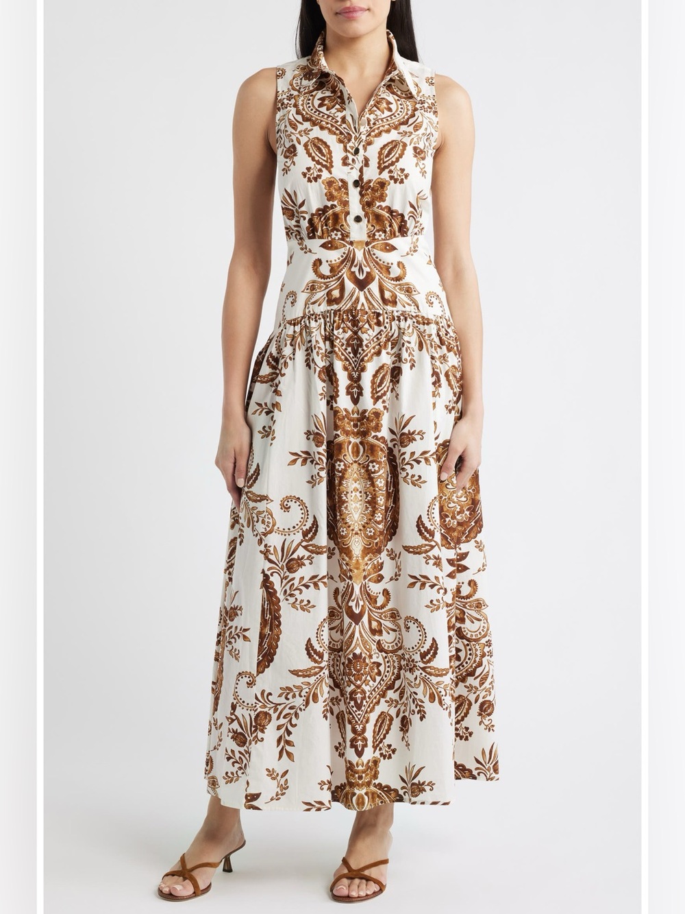CeCe - Print Sleeveless Maxi Shirtdress Brown & White - Size S